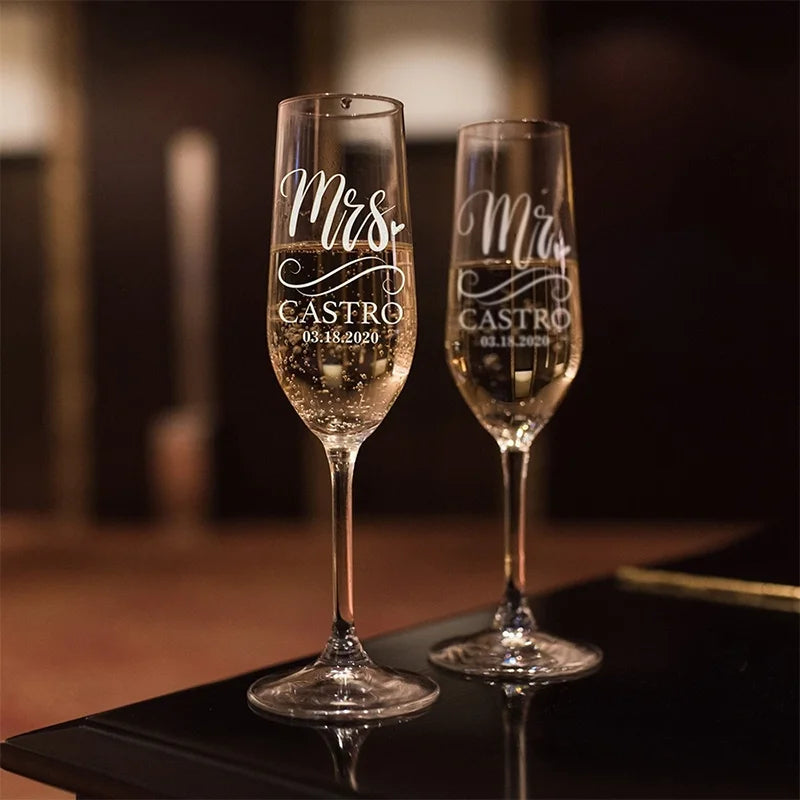 Personalized Wedding Champagne Flutes – Laser Engraved Bride & Groom Toasting Glasses (Set of 2)