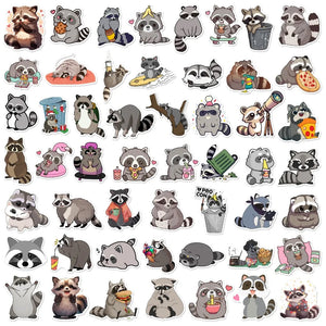 Adorable raccoon sticker collage featuring cute cartoon raccoons in fun poses