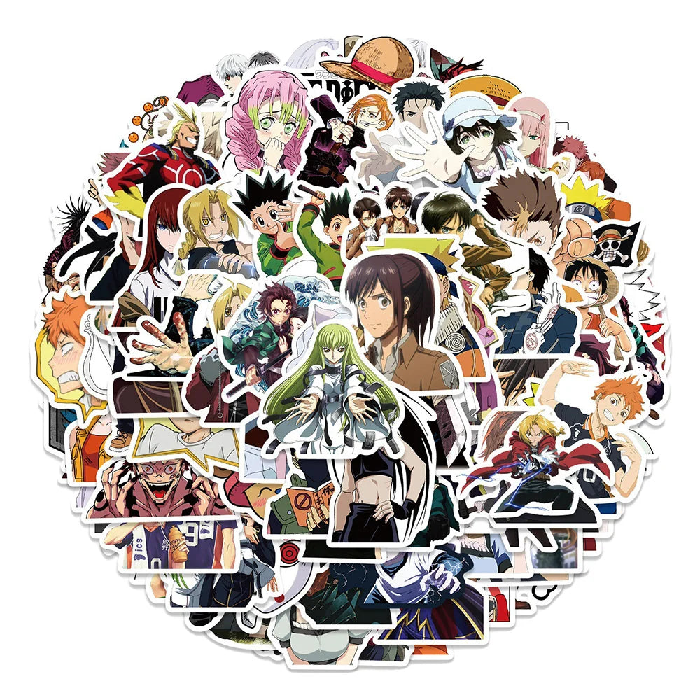 Close-up of anime kawaii stickers with vibrant colors and waterproof vinyl finish