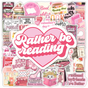 bookish aesthetic sticker with books and coffee cup in soft pink style