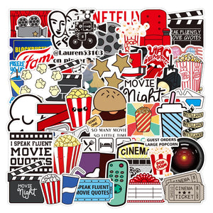 Cinema aesthetic cartoon sticker collage featuring film quotes, clapperboards, and movie snacks