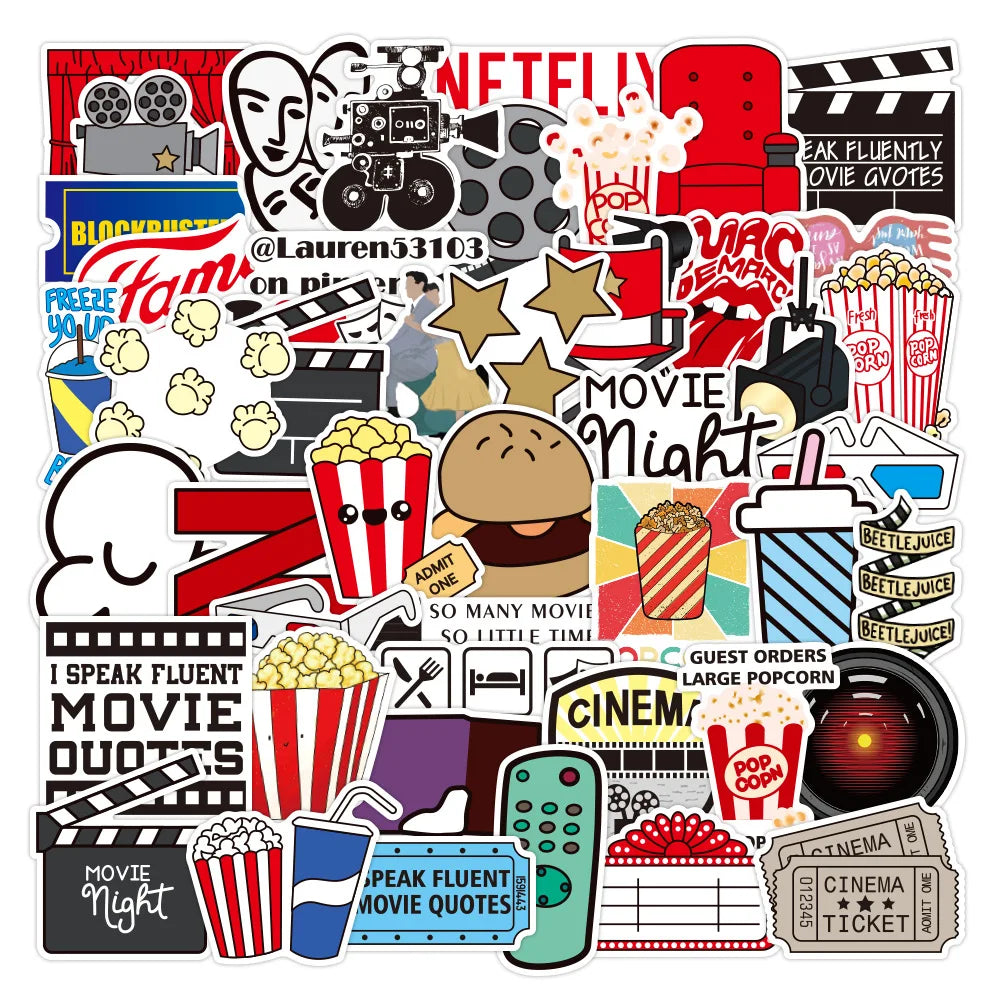 Cinema aesthetic cartoon sticker collage featuring film quotes, clapperboards, and movie snacks