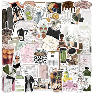 Clean girl aesthetic sticker collage featuring minimal lifestyle, fashion, and self care designs