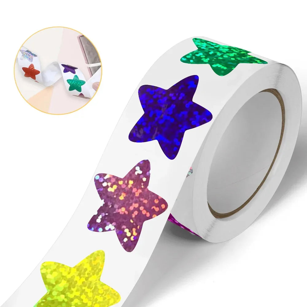 Colorful star reward sticker roll displayed with glitter holographic star designs