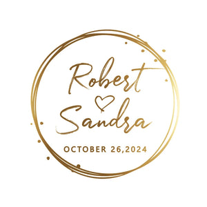 Round gold foil clear stickers with couple initials for wedding packaging