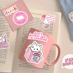 Cozy bookish aesthetic cartoon sticker with books and coffee illustration