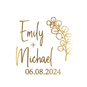 Custom gold foil clear thank you stickers with couple names for wedding favors