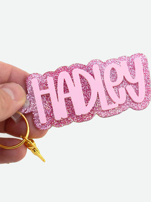 Custom name keychain with glitter acrylic showing text customization option