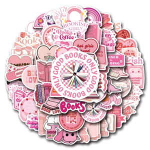 Cute book lover sticker collage with pink aesthetic cartoon designs