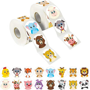 Cute cartoon animal sticker rolls showing multiple mixed animal face designs for kids rewards