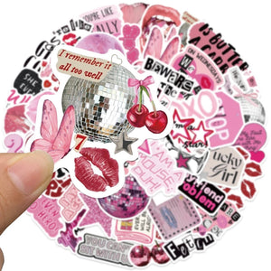 Cute pink aesthetic girl sticker collage with girly cartoon elements