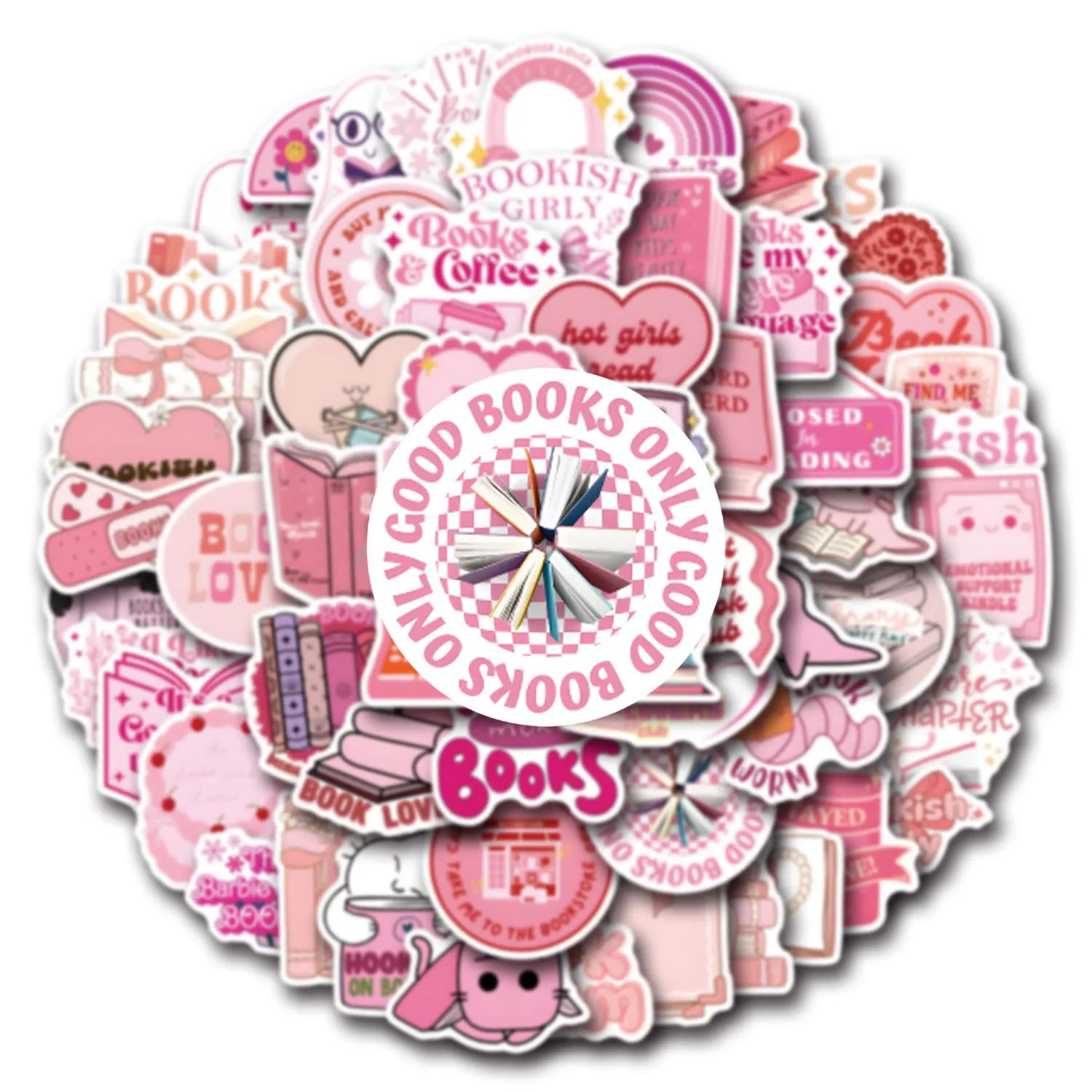 Cute pink bookish stickers featuring aesthetic reading and library themed designs.