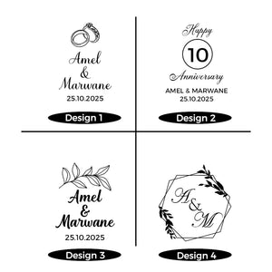 Close up of engraved champagne glass personalization detail
