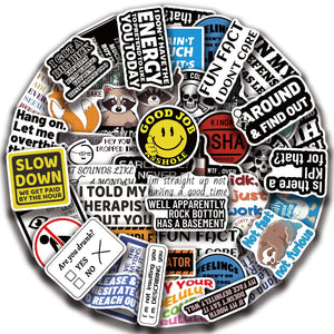 Funny sticker pack with bold typography and cartoon characters for daily accessories