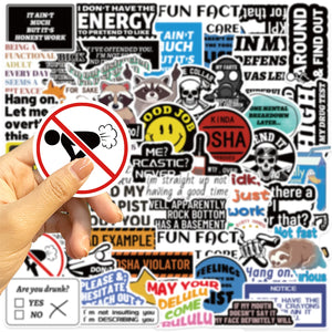 Funny cartoon stickers for adults featuring sarcastic phrases and playful designs