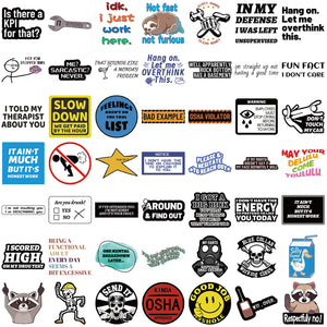 Funny sarcastic cartoon vinyl stickers collection with bold quotes, waterproof and reusable decals for laptops, phones, and water bottles