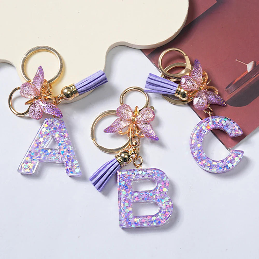 Purple Butterfly A-Z Letter Keychain Gift for Girls