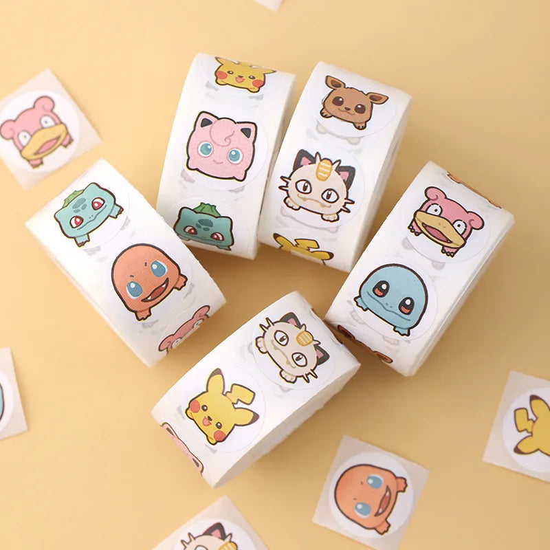 Kawaii cartoon sticker roll pack spread out showing colorful anime creature designs