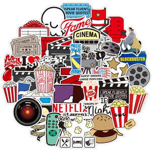 Kawaii movie stickers with popcorn, film reels, and cute cinema characters