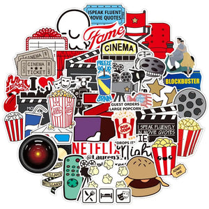 Movie themed graffiti sticker pack with cinema icons, popcorn, film reels, and kawaii cartoon designs