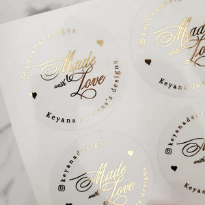 Size guide showing round gold foil clear sticker diameter