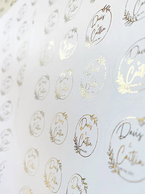 Gold foil clear thank you stickers used for party gift packaging