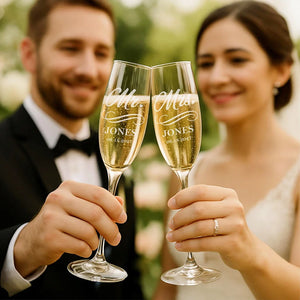 Personalized champagne flutes set of 2 with custom laser engraved names in frosted white