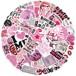 Pink aesthetic girl stickers collage with cute kawaii cartoon designs, hearts, stars, lips, and trendy quotes on white background