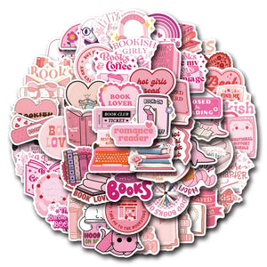 Pink bookish girly sticker pack with cute reading, books, and coffee themed designs