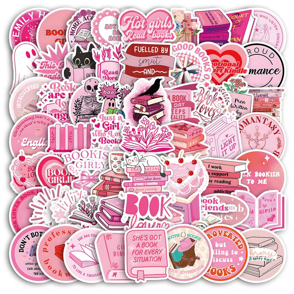 Cute pink fantasy book parody sticker inspired by romance novels placed on sticker collection background