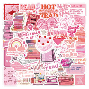 Pink girly bookish sticker collage with cute reading quotes, books, and aesthetic cartoon designs