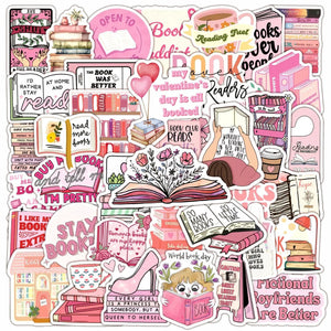 Romantic bookish reading stickers in pink tones with books, hearts, and cozy quotes