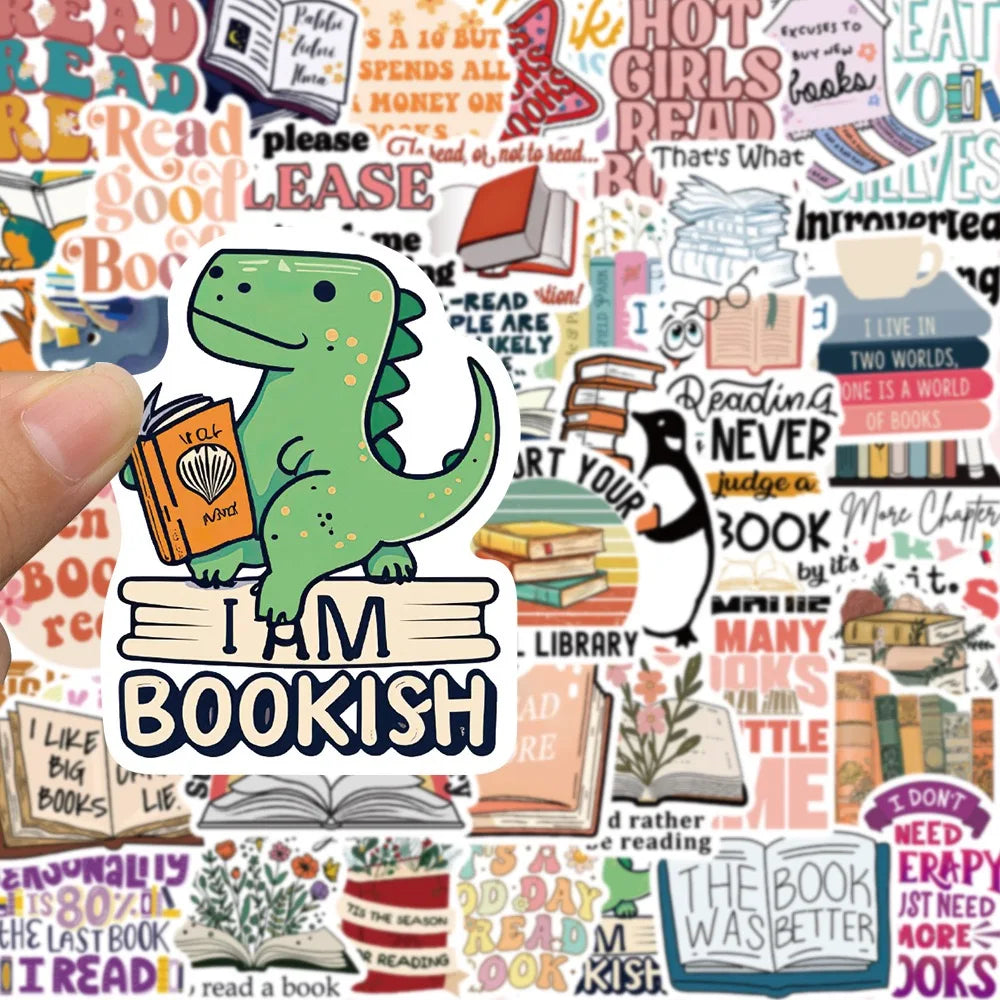 Reading aesthetic stickers featuring books, quotes, and illustrated book lover designs
