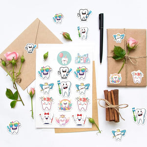 Close up of tooth shaped PVC dental stickers showing bright colors and smooth finish