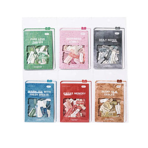 Set of vintage English label sticker packs in different colors arranged on a white background