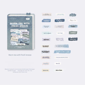 Blue vintage English label sticker pack titled “Warm Tea With Fresh Breeze” with assorted text labels on white background