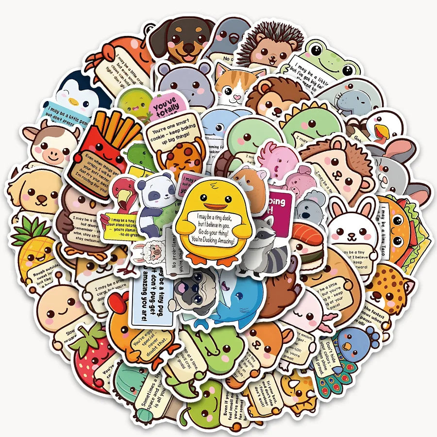 waterproof cute animal stickers pack for laptop and water bottle with positive affirmation