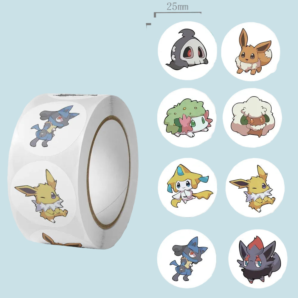500PCS kawaii anime stickers roll featuring Eevee cartoon designs on waterproof PVC