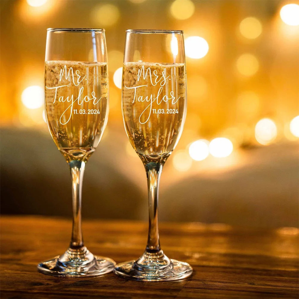 Personalized Wedding Champagne Flutes Set of 2 – Engraved Bride & Groom Toasting Glasses