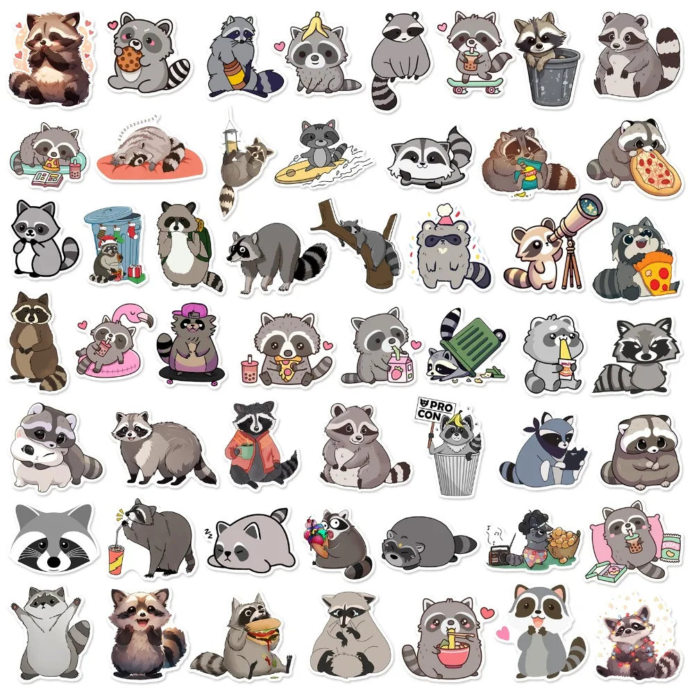 Adorable raccoon sticker collage featuring cute cartoon raccoons in fun poses