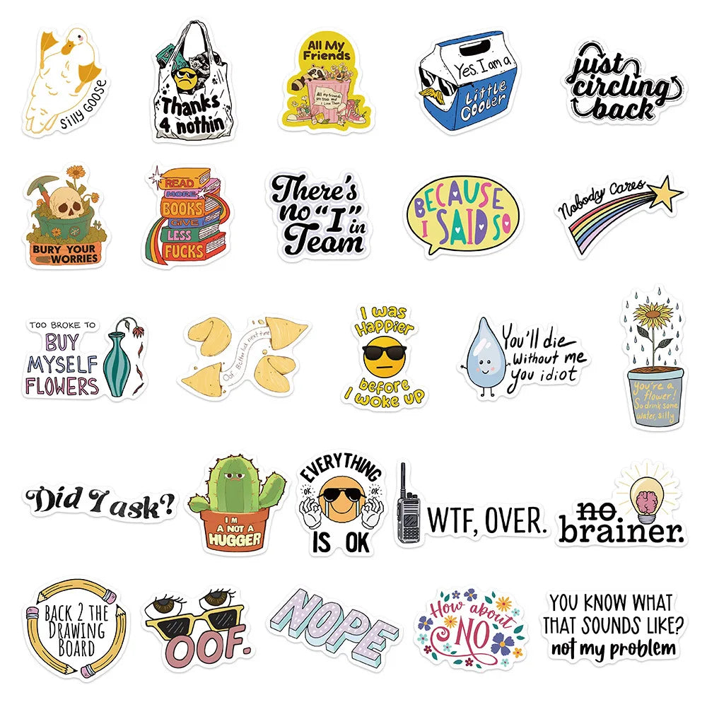 Aesthetic graffiti quote stickers with playful sarcasm and colorful artwork