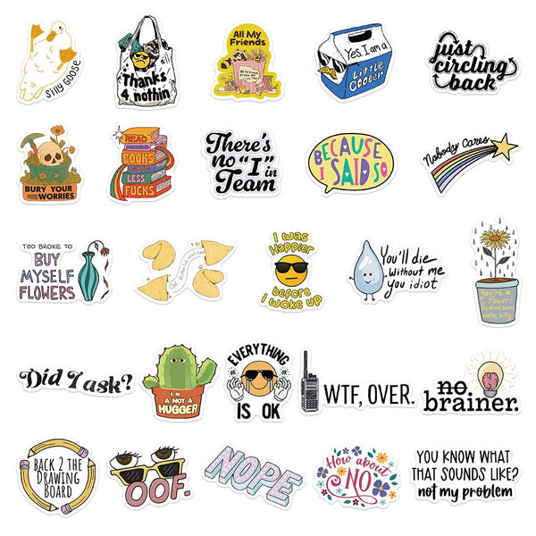 Aesthetic graffiti quote stickers with playful sarcasm and colorful artwork