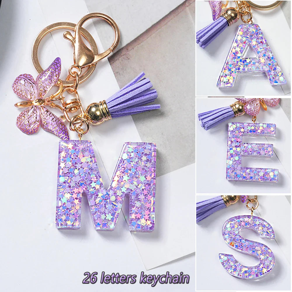 Purple Butterfly A-Z Letter Keychain Gift for Girls