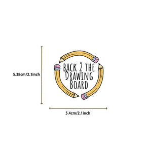 “Back to the drawing board” pencil circle sticker showing size dimensions on white background