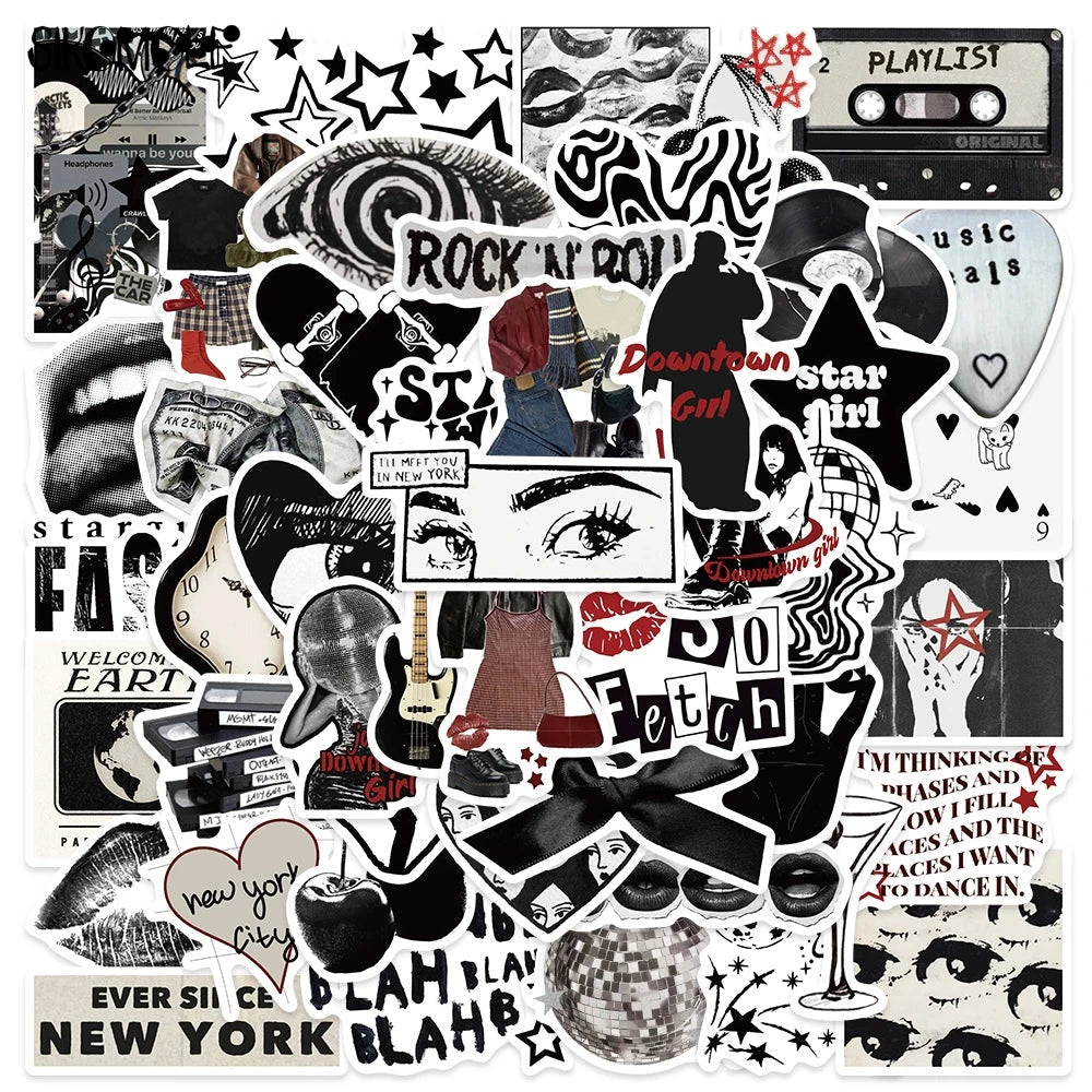 Black and white aesthetic cartoon sticker collage with graffiti style designs and trendy elements