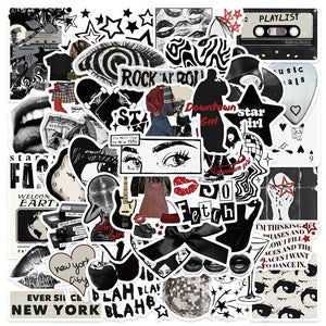 Black and white aesthetic cartoon sticker collage with graffiti style designs and trendy elements