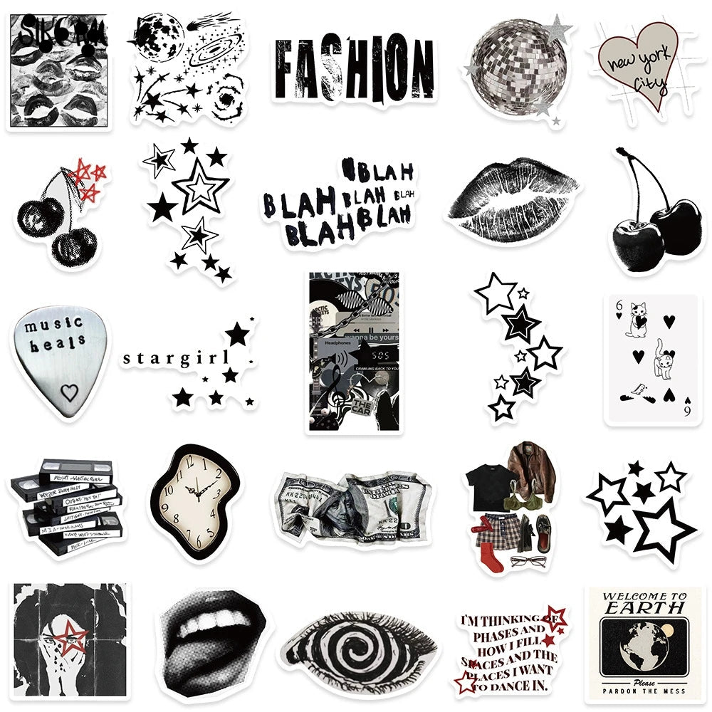 Close up of black and white cartoon stickers with bold lines and artistic patterns