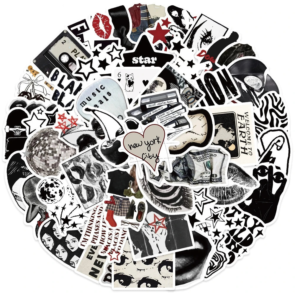 Black and white cartoon stickers arranged in a flat lay collage style