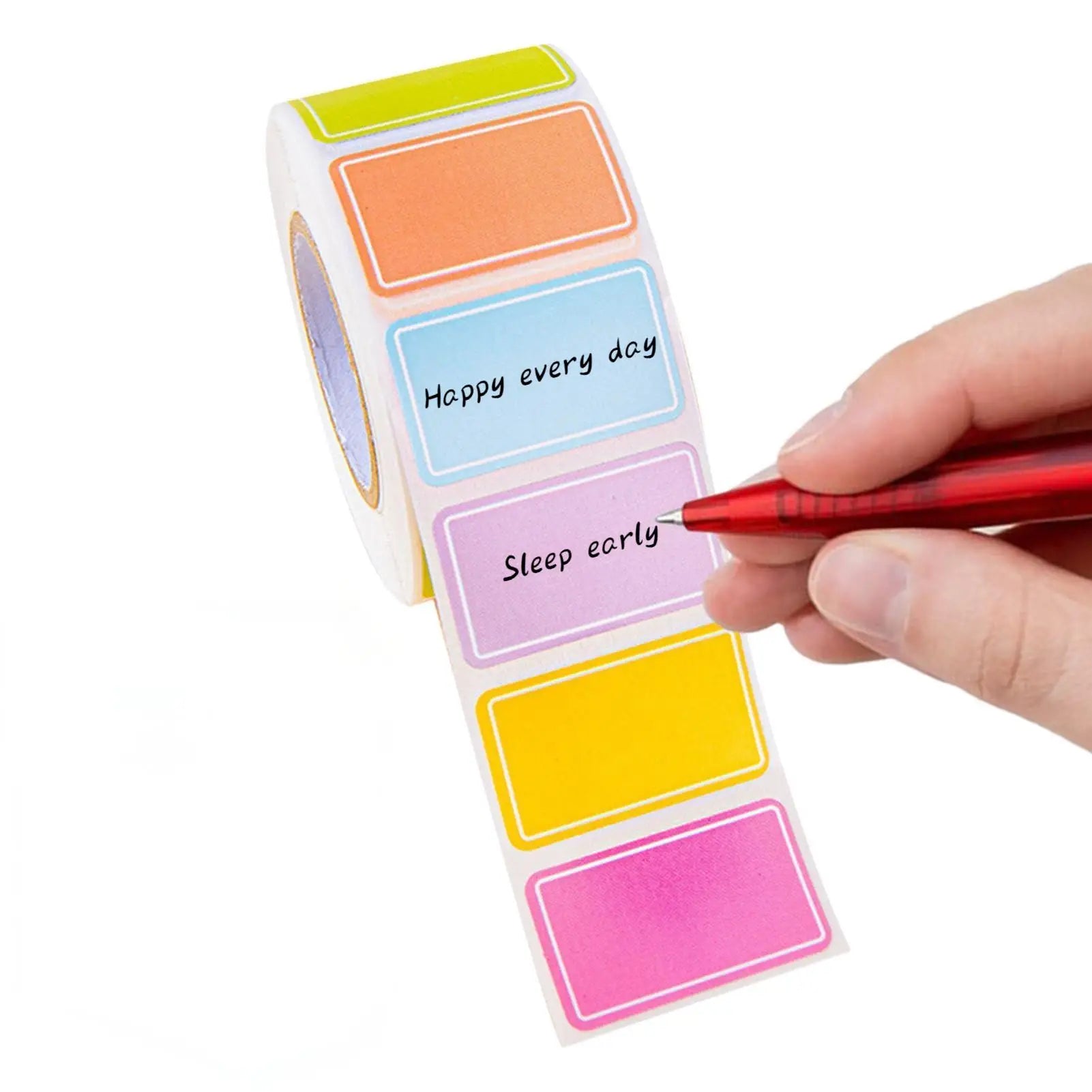 Blank writable label stickers roll with colorful rectangular labels for name and storage organization
