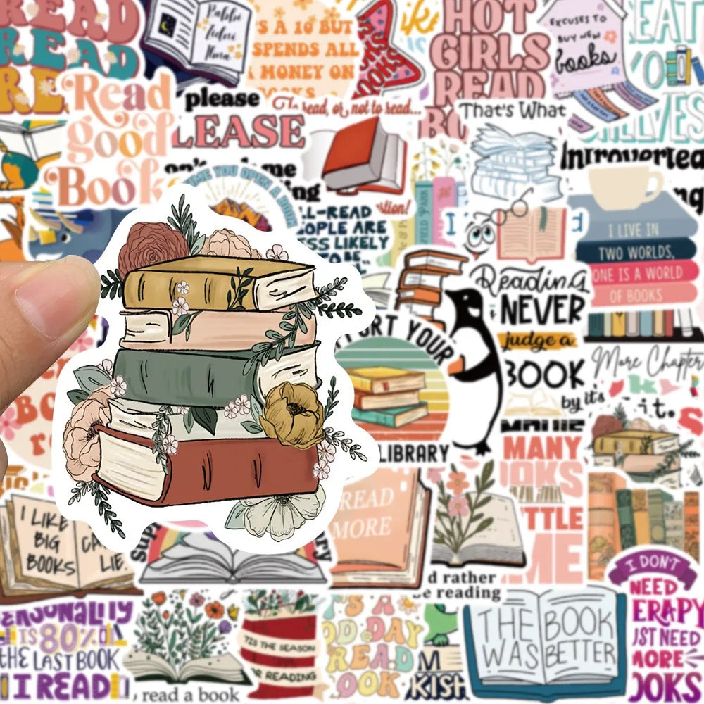 Book lover quote stickers with fun typography and illustrated reading themes
